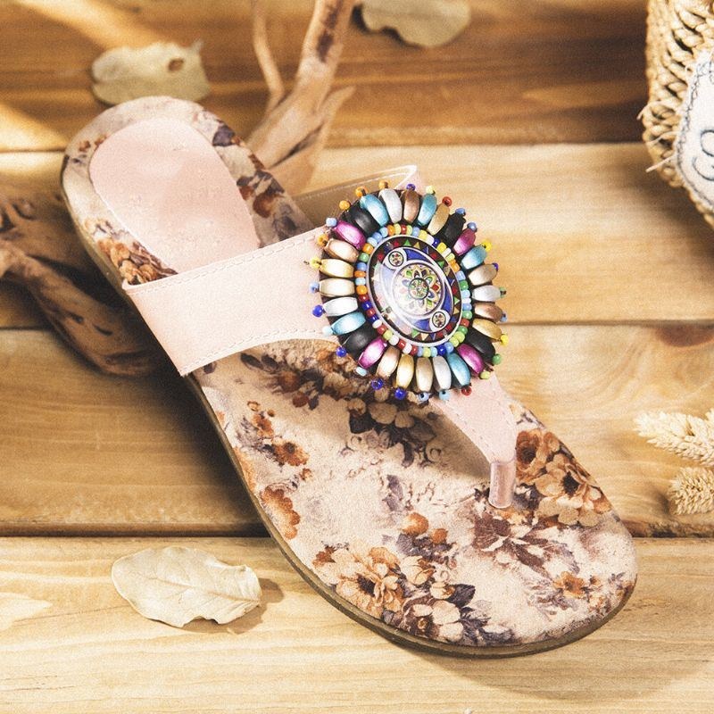 Dame Bohemian Bead Clip Toe Broderet Folkways Blomstermønster Blød Sål Flip Flop Sommer Strand Casual Flade Sandaler