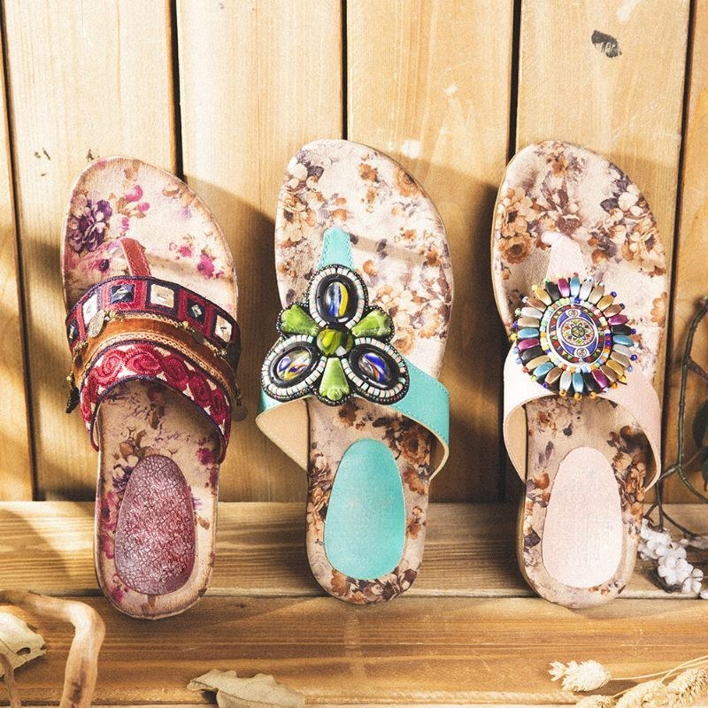 Dame Bohemian Bead Clip Toe Broderet Folkways Blomstermønster Blød Sål Flip Flop Sommer Strand Casual Flade Sandaler