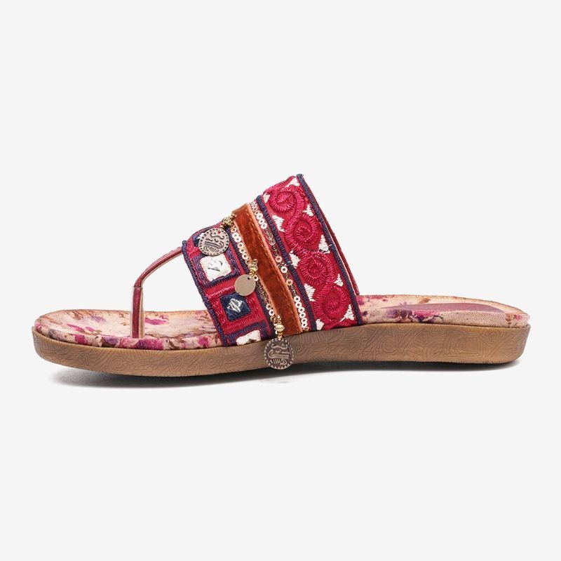 Dame Bohemian Bead Clip Toe Broderet Folkways Blomstermønster Blød Sål Flip Flop Sommer Strand Casual Flade Sandaler