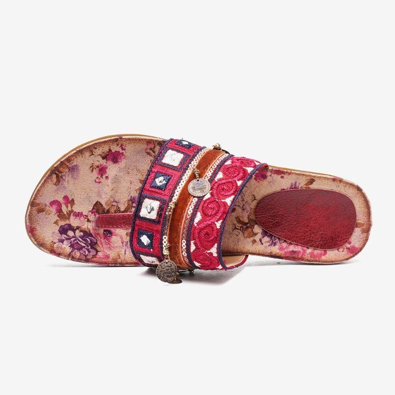 Dame Bohemian Bead Clip Toe Broderet Folkways Blomstermønster Blød Sål Flip Flop Sommer Strand Casual Flade Sandaler