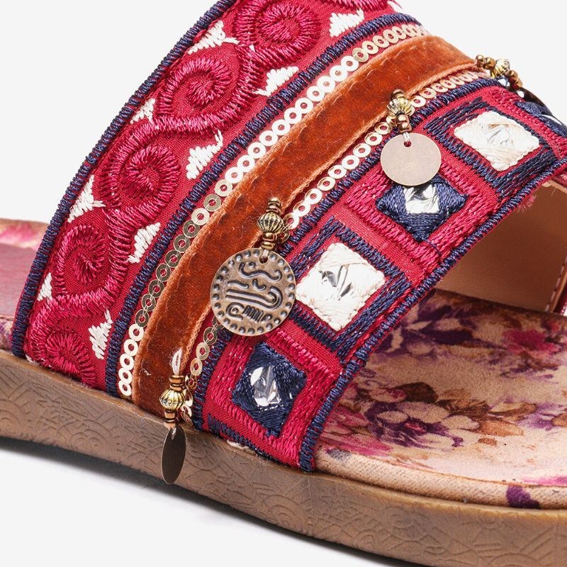 Dame Bohemian Bead Clip Toe Broderet Folkways Blomstermønster Blød Sål Flip Flop Sommer Strand Casual Flade Sandaler