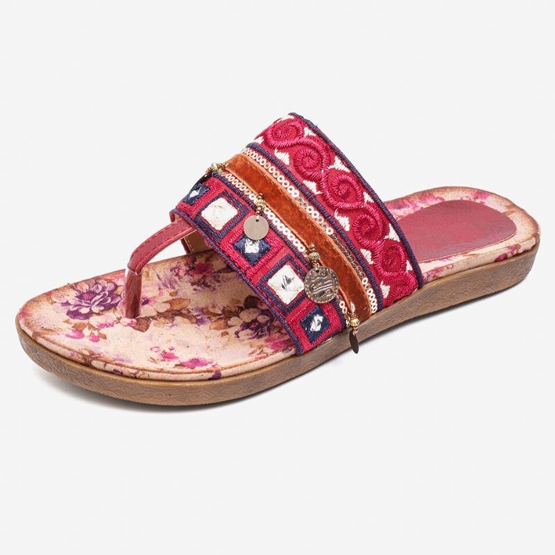 Dame Bohemian Bead Clip Toe Broderet Folkways Blomstermønster Blød Sål Flip Flop Sommer Strand Casual Flade Sandaler