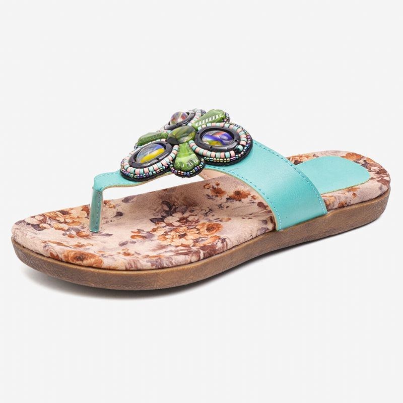 Dame Bohemian Bead Clip Toe Broderet Folkways Blomstermønster Blød Sål Flip Flop Sommer Strand Casual Flade Sandaler