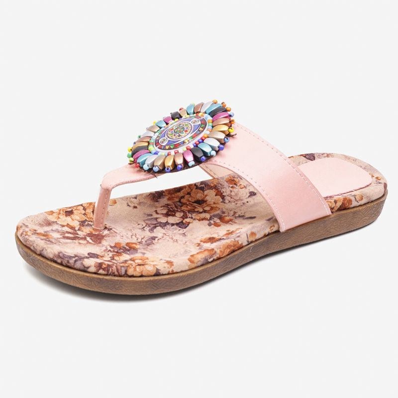 Dame Bohemian Bead Clip Toe Broderet Folkways Blomstermønster Blød Sål Flip Flop Sommer Strand Casual Flade Sandaler