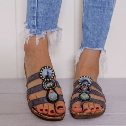 Dame Bohemian Bead Dekoration Clip Toe Blomstermønster Blød Sål Casual Sommer Strand Flade Sandaler