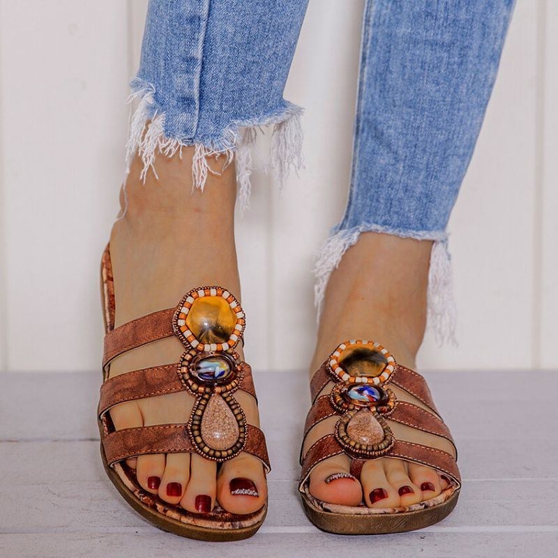 Dame Bohemian Bead Dekoration Clip Toe Blomstermønster Blød Sål Casual Sommer Strand Flade Sandaler