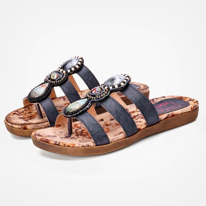 Dame Bohemian Bead Dekoration Clip Toe Blomstermønster Blød Sål Casual Sommer Strand Flade Sandaler