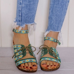 Dame Bohemian Brodered Folkways Open Toe Spænde Casual Sommer Strand Flade Sandaler