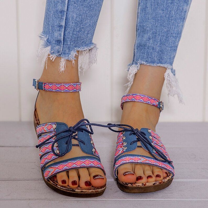 Dame Bohemian Brodered Folkways Open Toe Spænde Casual Sommer Strand Flade Sandaler