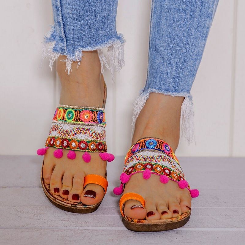 Dame Bohemian Brodered Toe Ring Blød Sål Sommer Casual Flade Sandaler