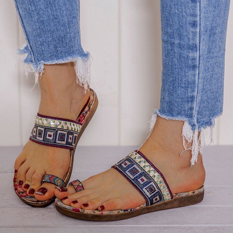 Dame Bohemian Brodered Toe Ring Blød Sål Sommer Casual Flade Sandaler