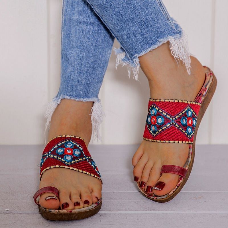 Dame Bohemian Brodered Toe Ring Blød Sål Sommer Casual Flade Sandaler