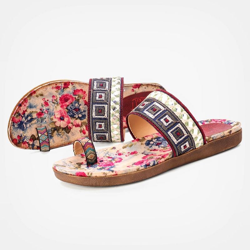 Dame Bohemian Brodered Toe Ring Blød Sål Sommer Casual Flade Sandaler