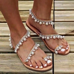 Dame Bohemian Clip Toe Perle Decoration Slip On Elastikbånd Casual Holiday Beach Flade Sandaler