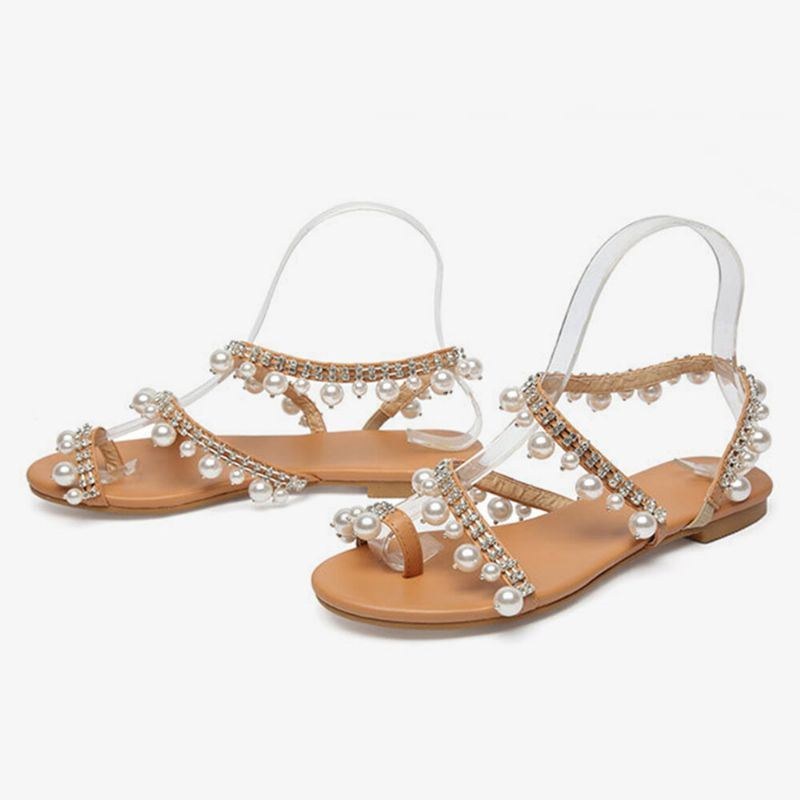 Dame Bohemian Clip Toe Perle Decoration Slip On Elastikbånd Casual Holiday Beach Flade Sandaler