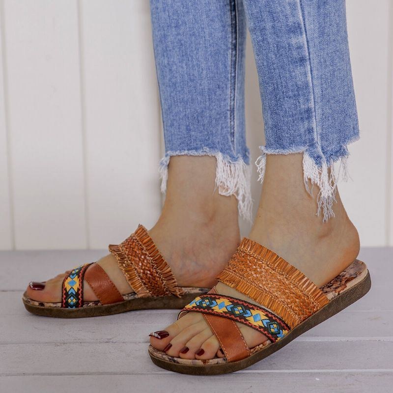 Dame Bohemian Cross Strap Weave Tassel Åben Tå Casual Beach Flat Sandaler