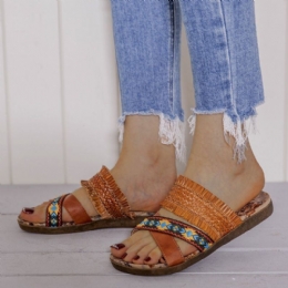 Dame Bohemian Cross Strap Weave Tassel Åben Tå Casual Beach Flat Sandaler