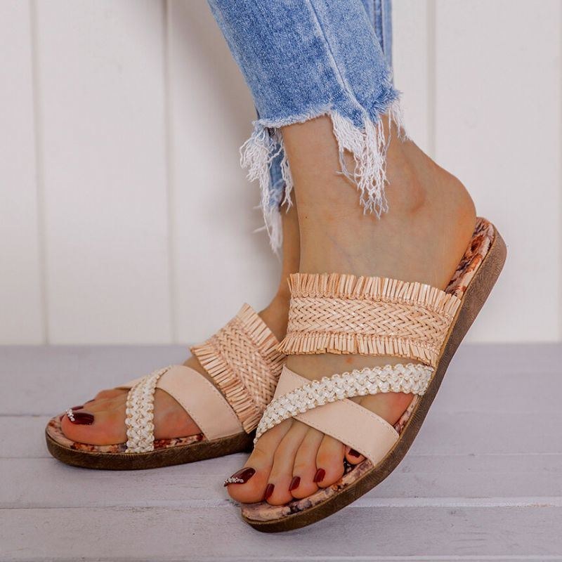 Dame Bohemian Cross Strap Weave Tassel Åben Tå Casual Beach Flat Sandaler