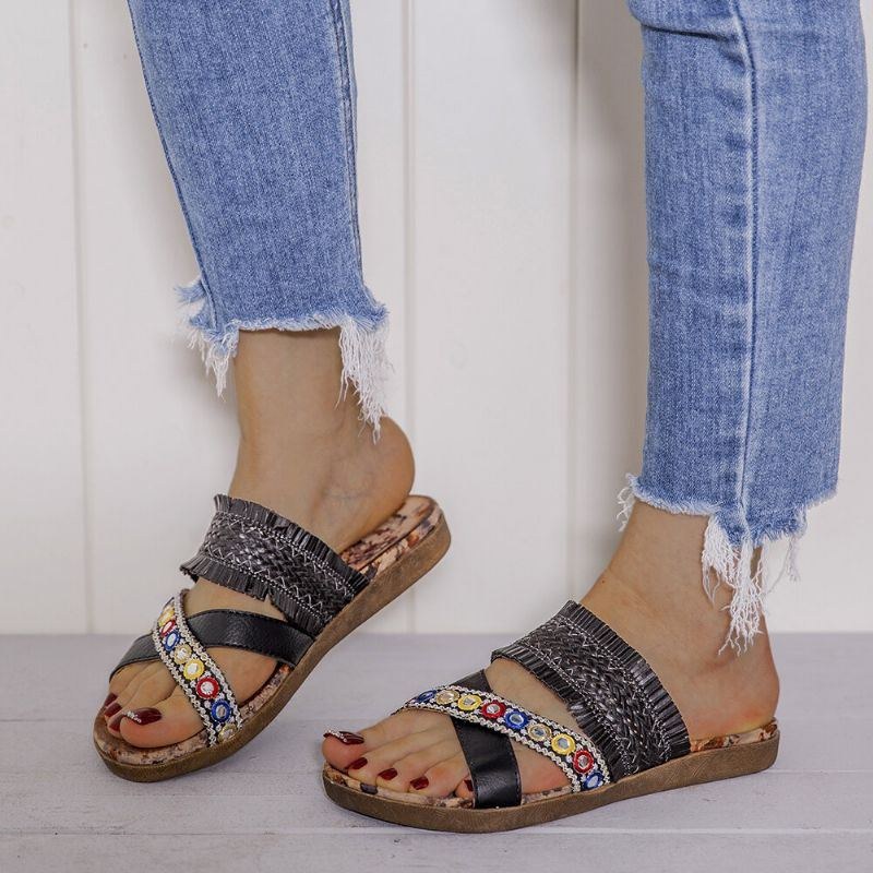 Dame Bohemian Cross Strap Weave Tassel Åben Tå Casual Beach Flat Sandaler