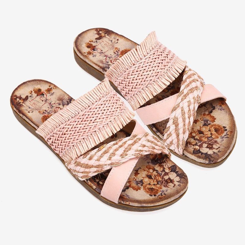 Dame Bohemian Cross Strap Weave Tassel Åben Tå Casual Beach Flat Sandaler