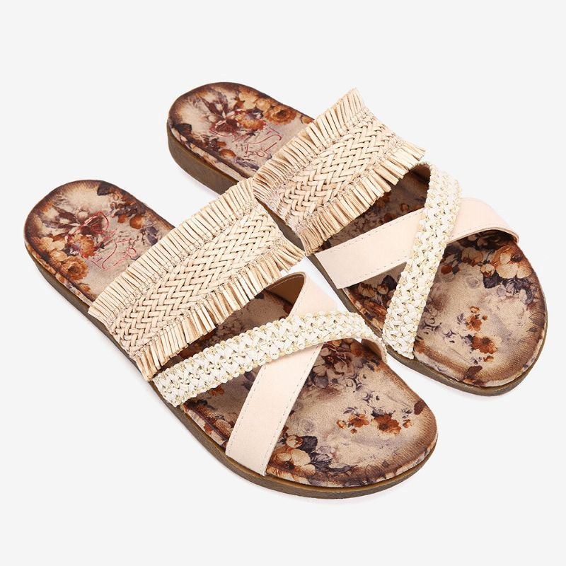 Dame Bohemian Cross Strap Weave Tassel Åben Tå Casual Beach Flat Sandaler