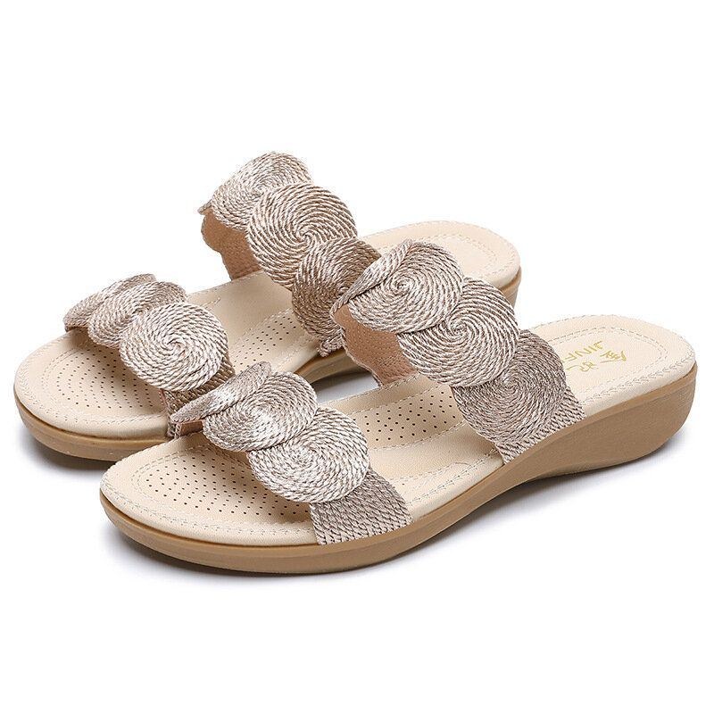 Dame Bohemian Double Band Woven Beach Casual Wedges Sandaler