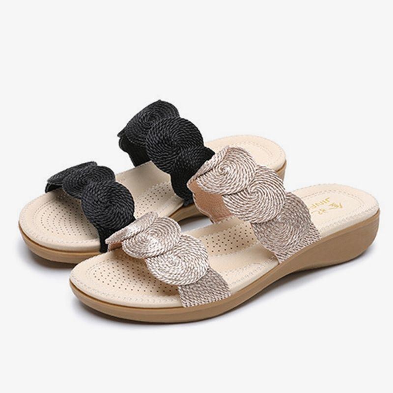 Dame Bohemian Double Band Woven Beach Casual Wedges Sandaler