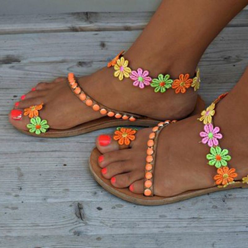 Dame Bohemian Flower Decoration Perle Slip On Clip Toe Sommer Strandsandaler