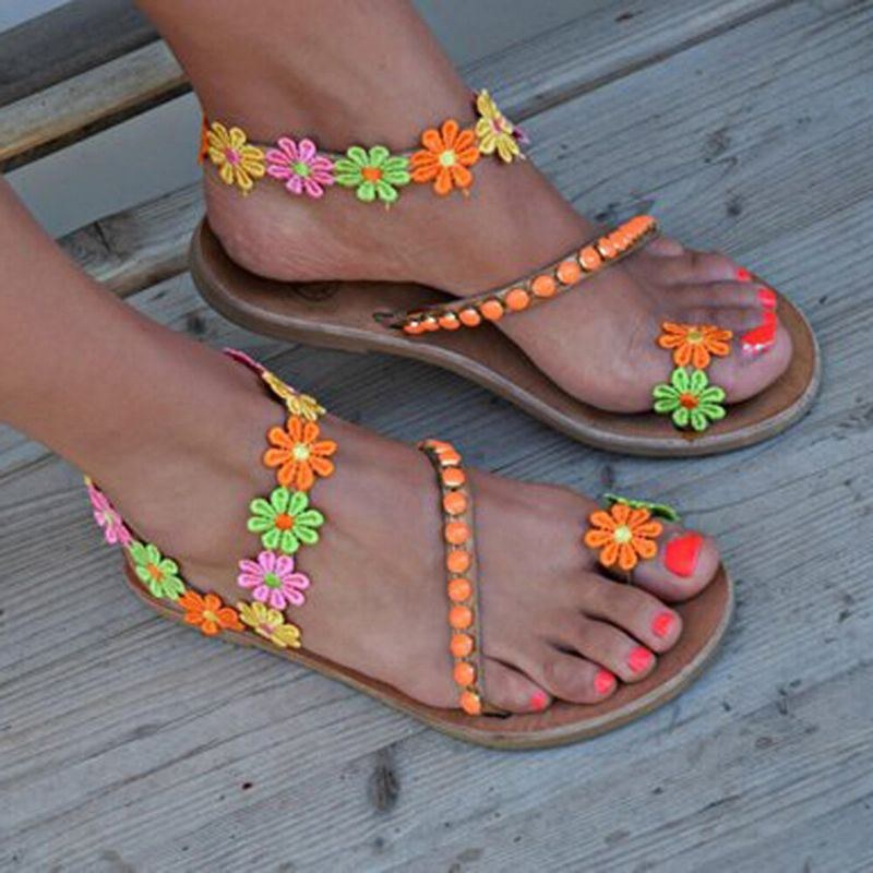 Dame Bohemian Flower Decoration Perle Slip On Clip Toe Sommer Strandsandaler