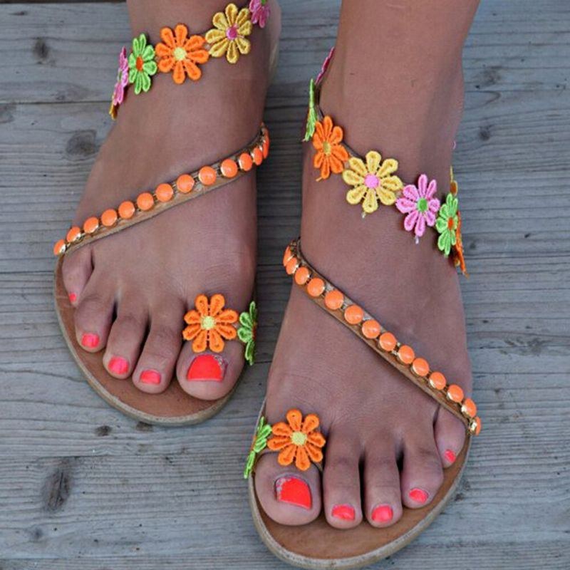 Dame Bohemian Flower Decoration Perle Slip On Clip Toe Sommer Strandsandaler