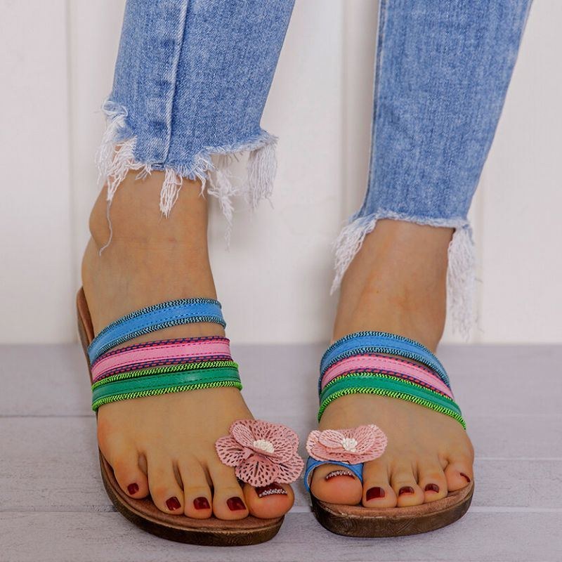 Dame Bohemian Flower Decoration Toe Ring Casual Sommer Flade Sandaler