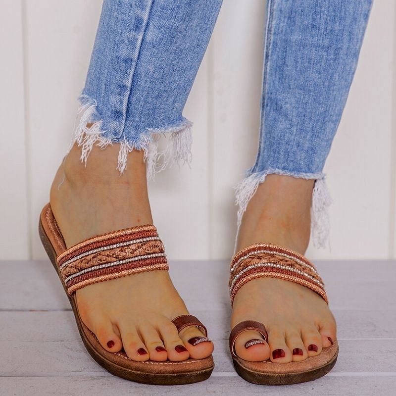 Dame Bohemian Flower Decoration Toe Ring Casual Sommer Flade Sandaler