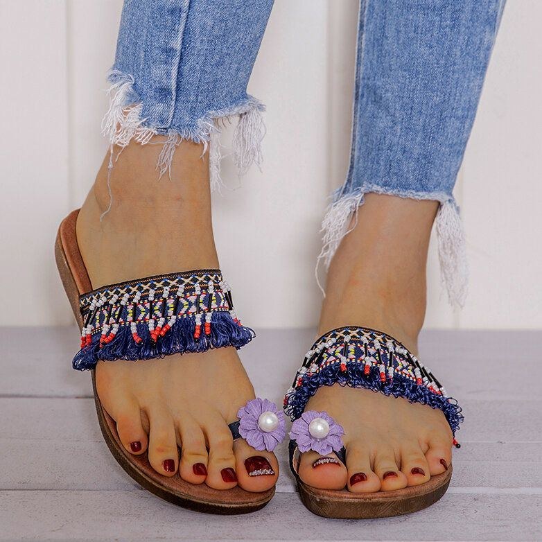 Dame Bohemian Flower Decoration Toe Ring Casual Sommer Flade Sandaler