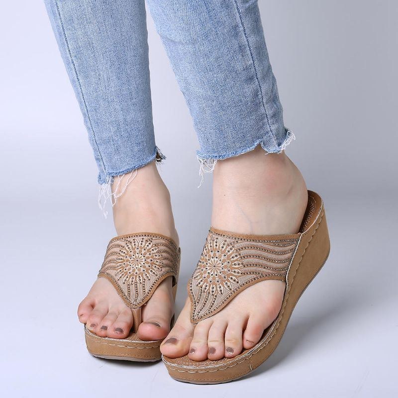 Dame Bohemian Rhinestone Letvægts Clip Toe Summer Beach Wedge Platform Sandaler