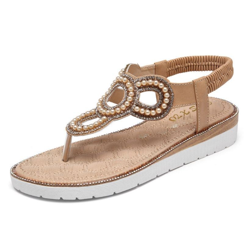 Dame Bohemian Rhinestone Perle Flade Sandaler Casual Holiday Lady Sandaler