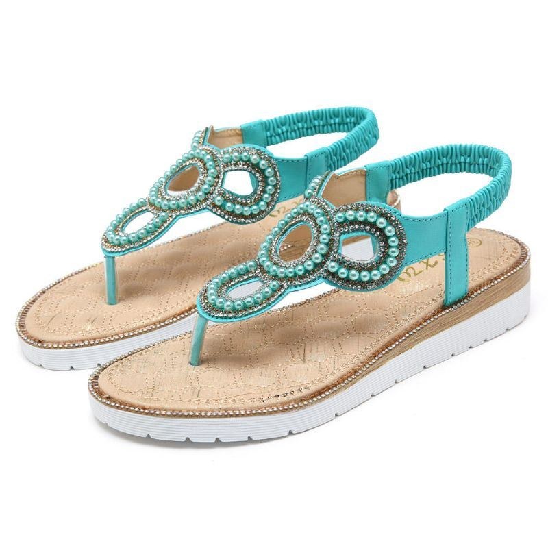 Dame Bohemian Rhinestone Perle Flade Sandaler Casual Holiday Lady Sandaler