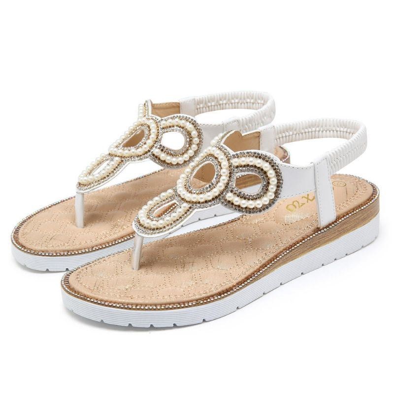 Dame Bohemian Rhinestone Perle Flade Sandaler Casual Holiday Lady Sandaler