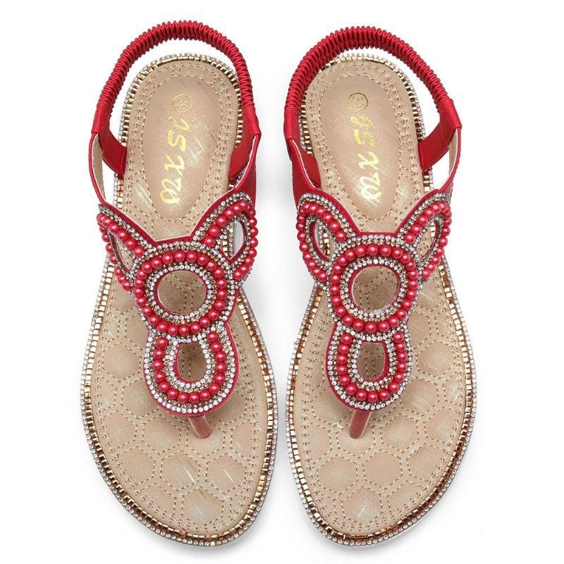 Dame Bohemian Rhinestone Perle Flade Sandaler Casual Holiday Lady Sandaler