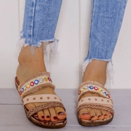 Dame Bohemian Weave Åben Tå Blomstermønster Sål Casual Sommer Strand Flade Sandaler