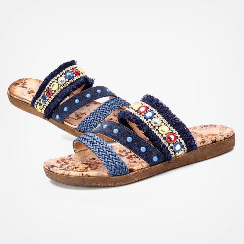 Dame Bohemian Weave Åben Tå Blomstermønster Sål Casual Sommer Strand Flade Sandaler