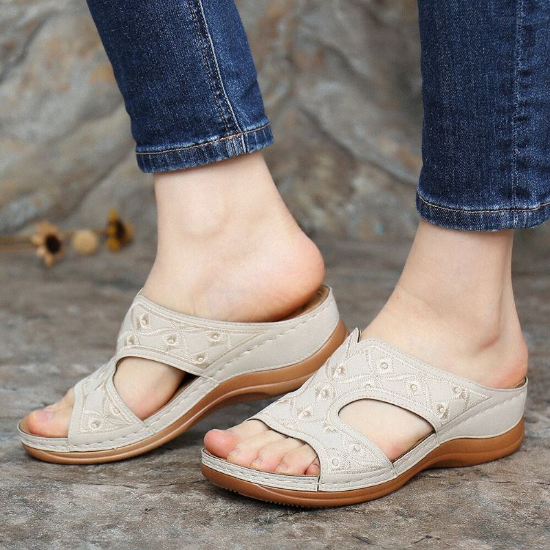 Dame Broderi Åben Tå Behagelig Casual Slip On Summer Wedge Sandaler