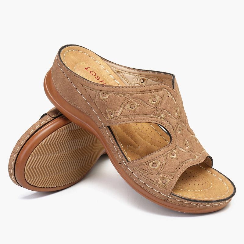 Dame Broderi Åben Tå Behagelig Casual Slip On Summer Wedge Sandaler