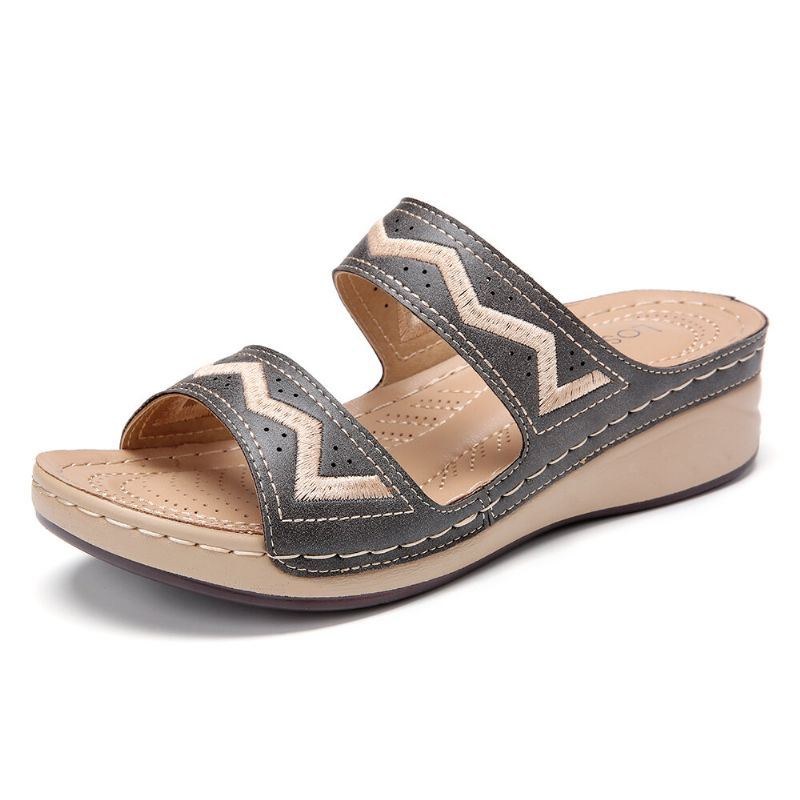 Dame Broderi Åben Tå Slip On Casual Comfy Summer Wedge Sandaler