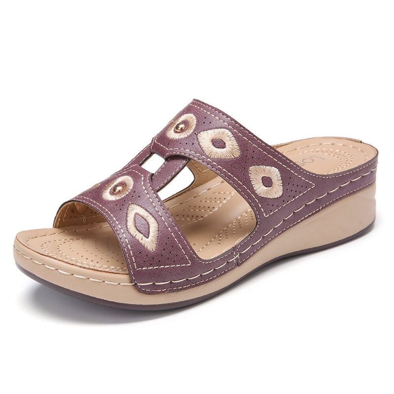 Dame Broderi Åben Tå Slip On Comfy Casual Wedge Sandaler