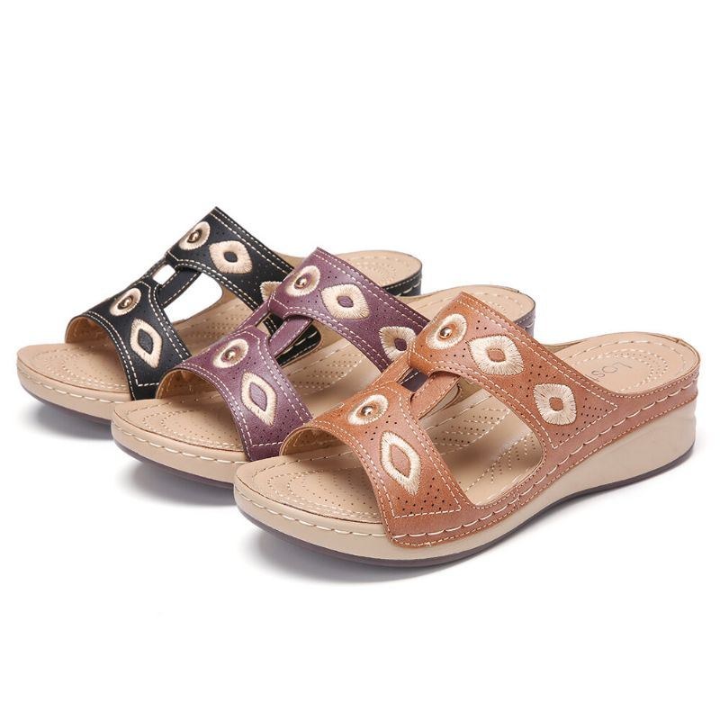 Dame Broderi Åben Tå Slip On Comfy Casual Wedge Sandaler