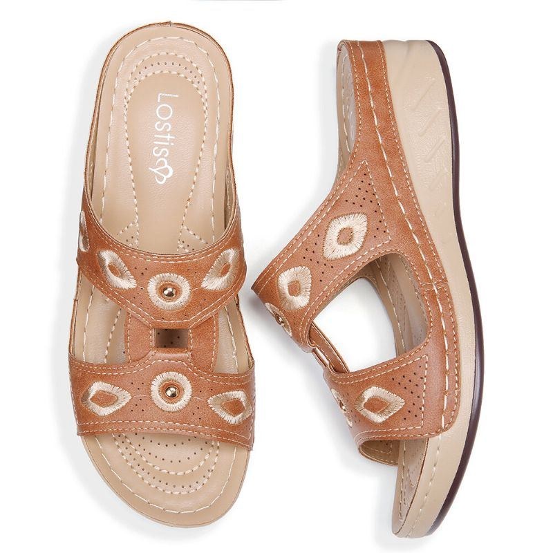 Dame Broderi Åben Tå Slip On Comfy Casual Wedge Sandaler