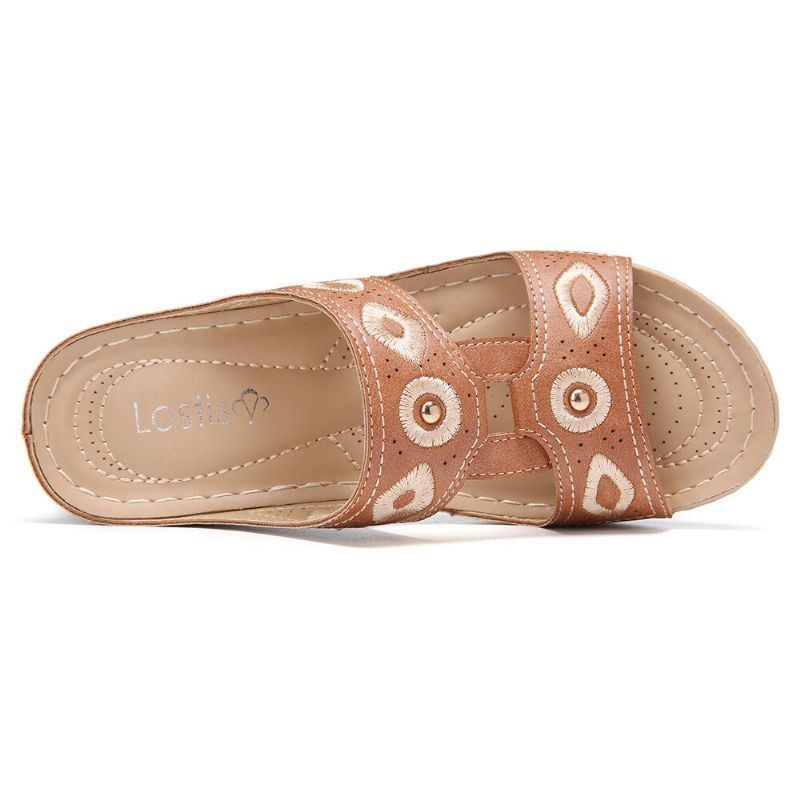 Dame Broderi Åben Tå Slip On Comfy Casual Wedge Sandaler