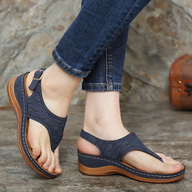 Dame Broderi Clip Toe Elastisk Bånd Behagelig Casual Sommer Wedge Sandaler