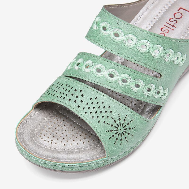 Dame Broderi Udskæring Åben Tå Slip On Casual Wedge Sandaler