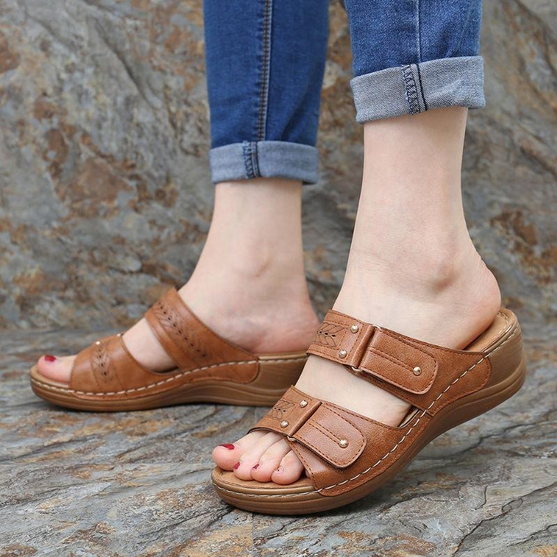 Dame Casual Comfy Slippers Hooks Loop Wedge Sandaler